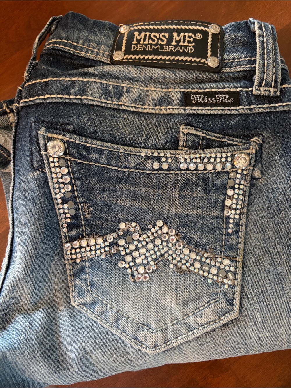 Miss Me Blue Denim straightJeans with Crystal Pocket Accents